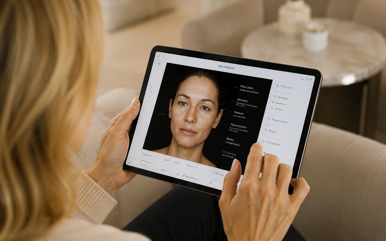 Tablet displaying an illustrative facial skin analysis during a consultation.