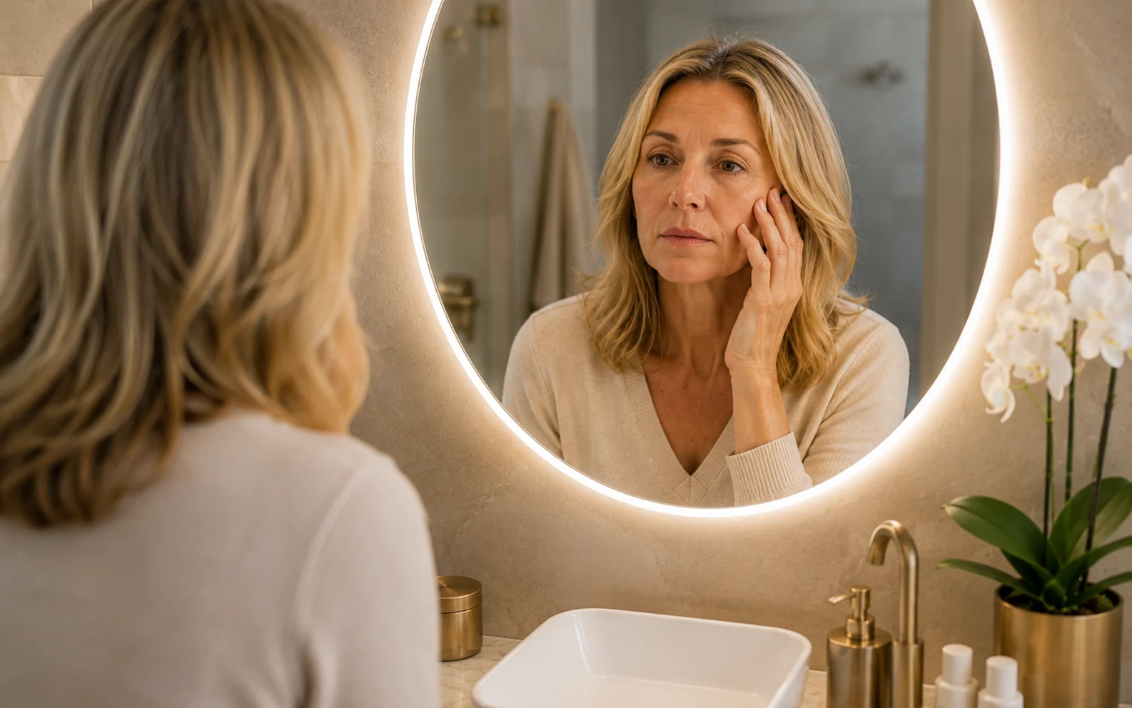 Middle-aged blonde woman studying her face in a round illuminated bathroom mirror.