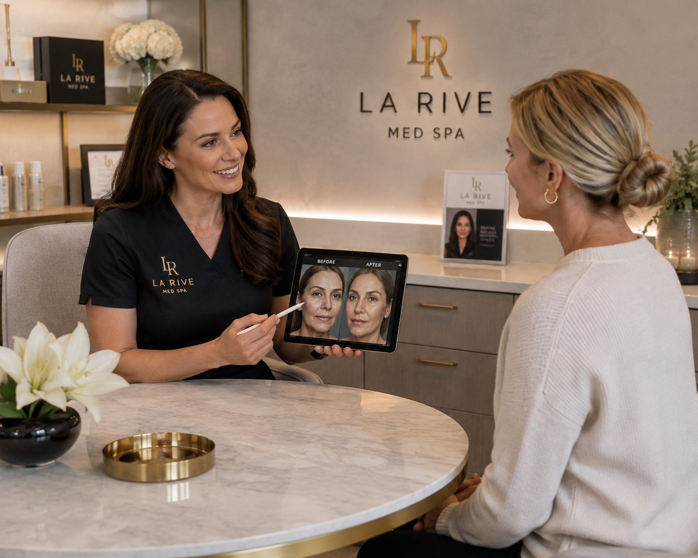 A La Rive Med Spa clinician reviewing before-and-after aesthetic possibilities on a tablet with a client