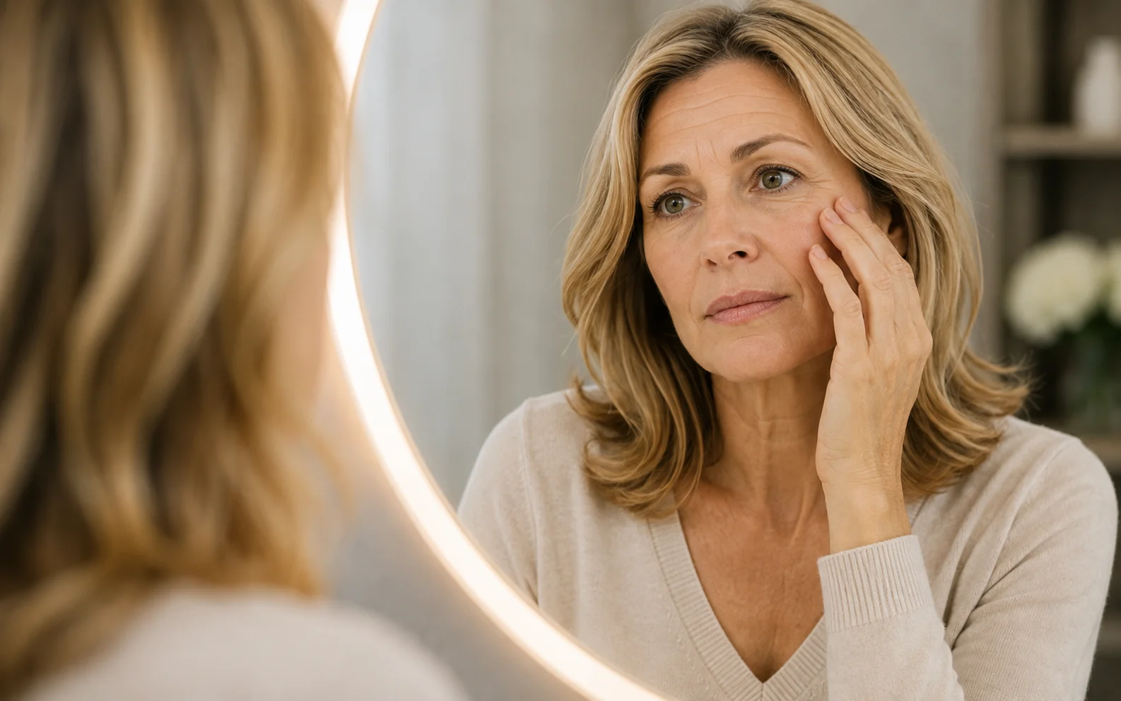 Middle-aged blonde woman looking closely at her face in an illuminated mirror.