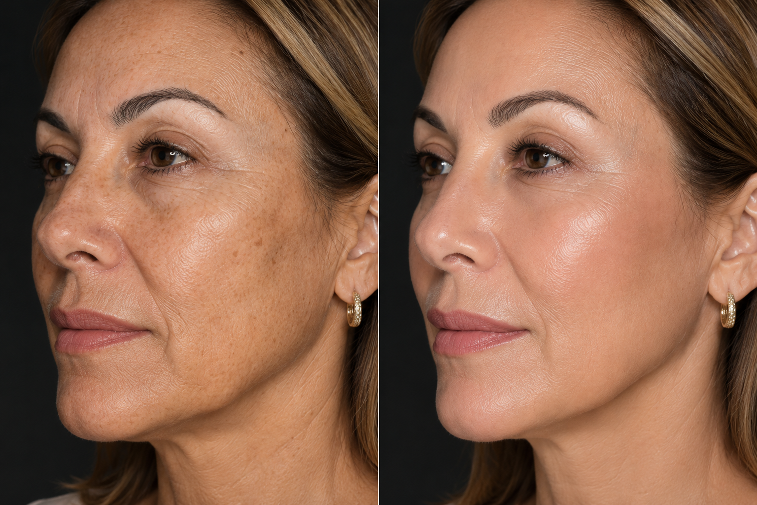 Side-by-side comparison of a woman's cheek showing more even tone and refined texture