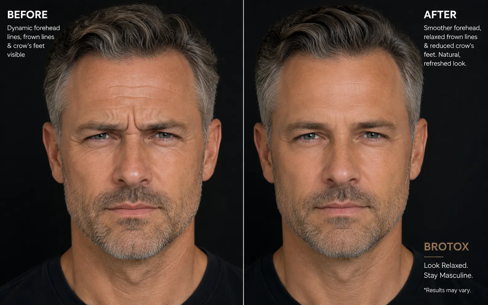 Before-and-after front comparison of a man's forehead and frown lines showing a smoother, more rested appearance