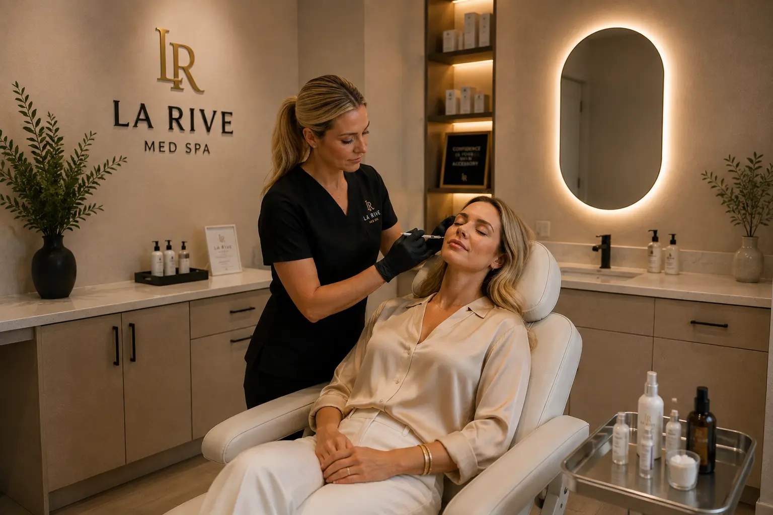 A clinician performing a facial injectable treatment on a seated client in a private treatment room