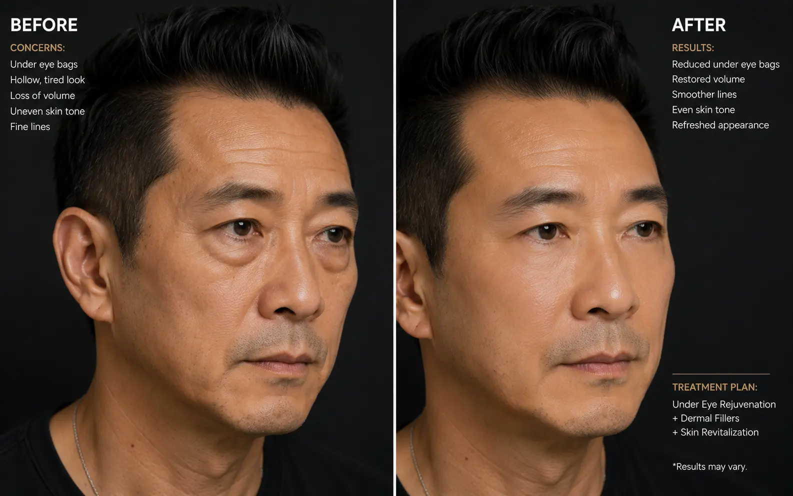 Before-and-after comparison of a man's under-eye and midface showing a more rested appearance