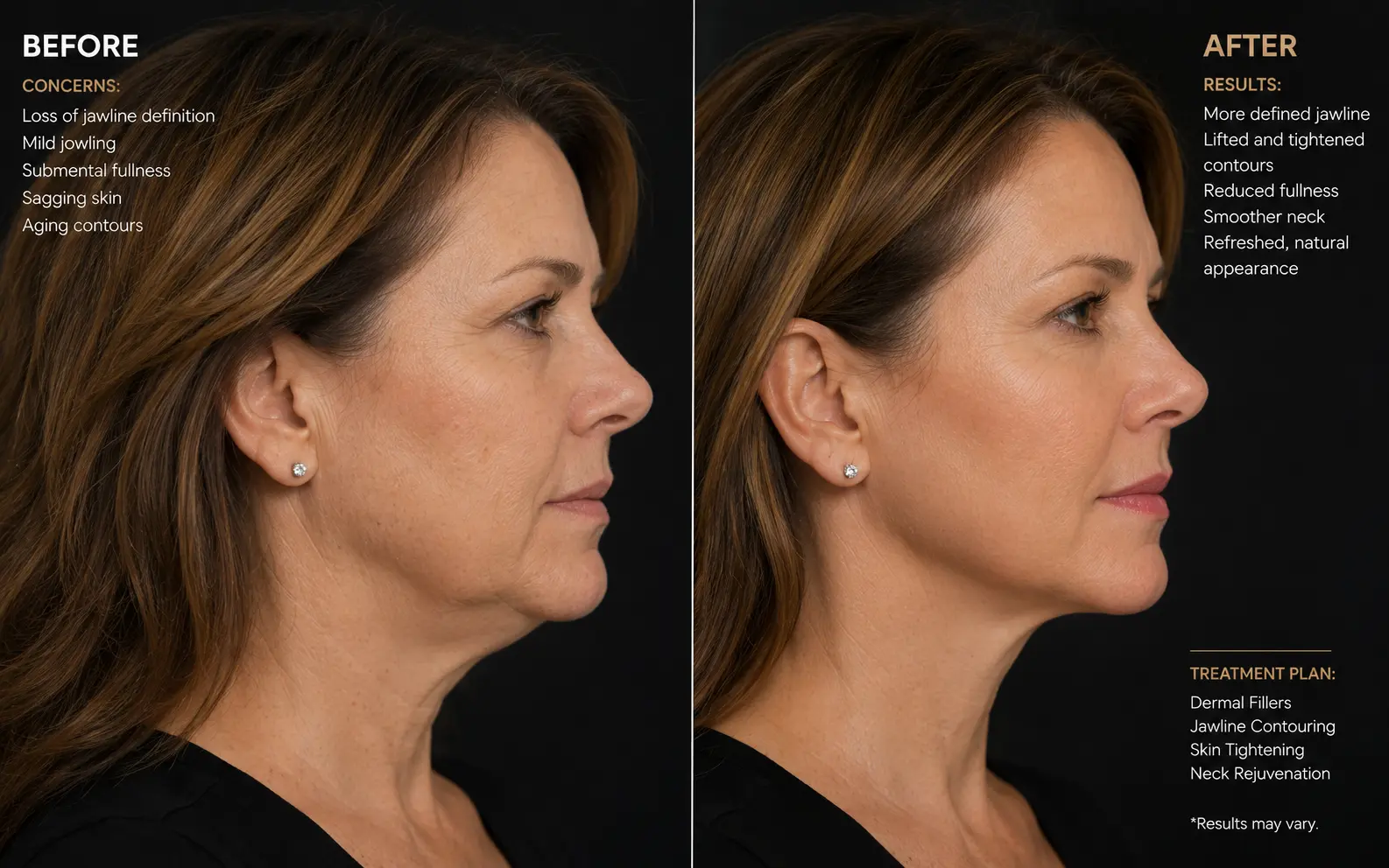 Before-and-after profile comparison of a woman's jawline showing a more defined lower-face contour