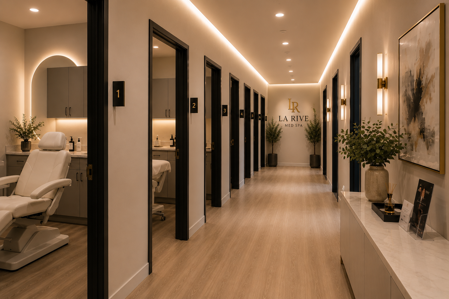 Private numbered treatment rooms along the corridor at La Rive Med Spa