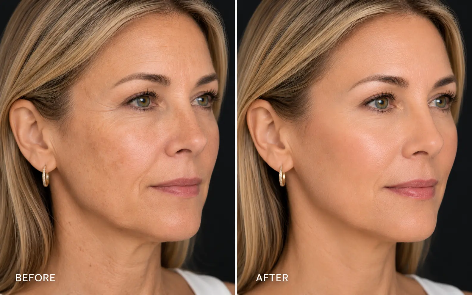 Before-and-after comparison of a woman's cheek and jaw showing more even pigment and smoother texture