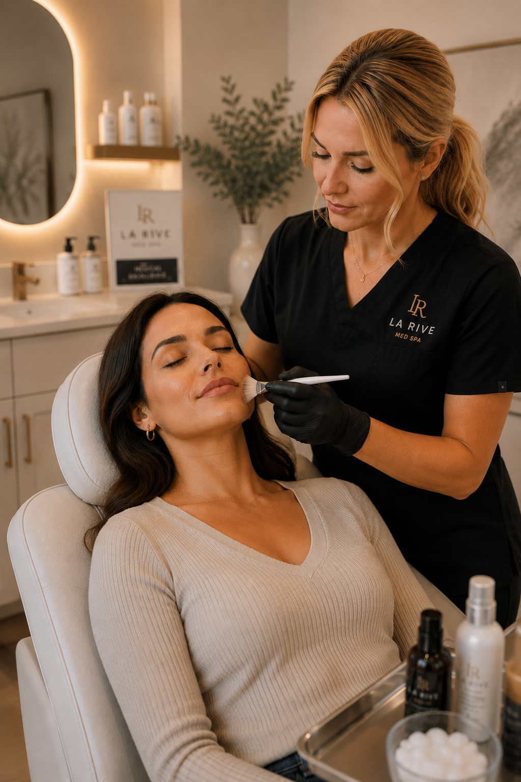 A La Rive clinician applying a professional facial treatment with a brush to a reclining client
