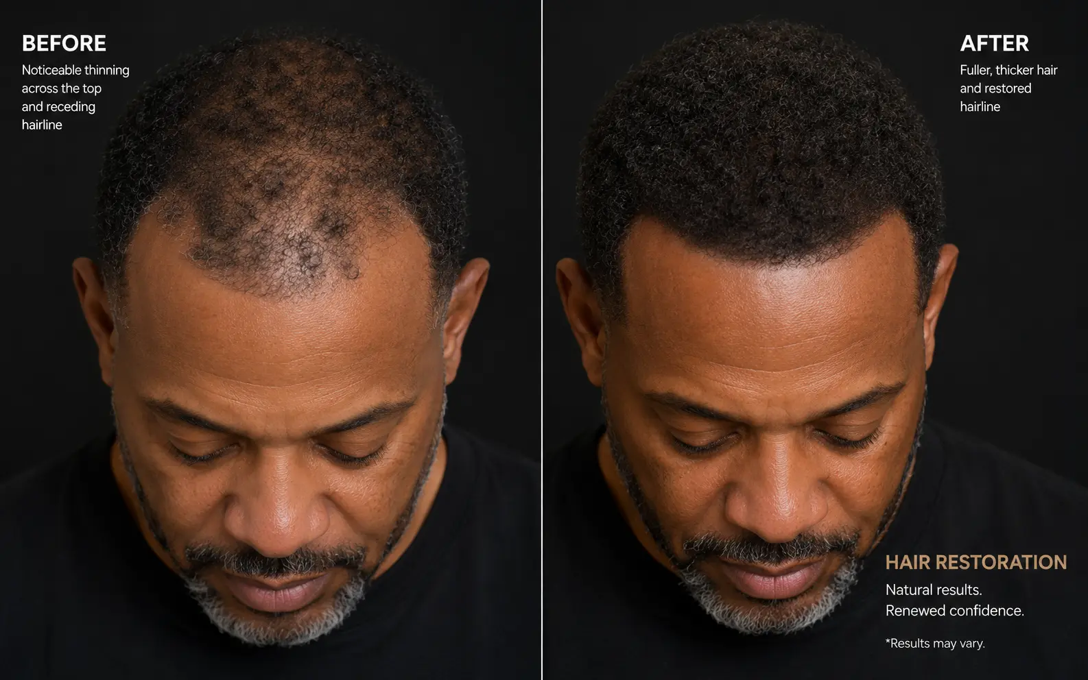 Before-and-after overhead comparison of a man's scalp showing denser-looking hair through thinning areas